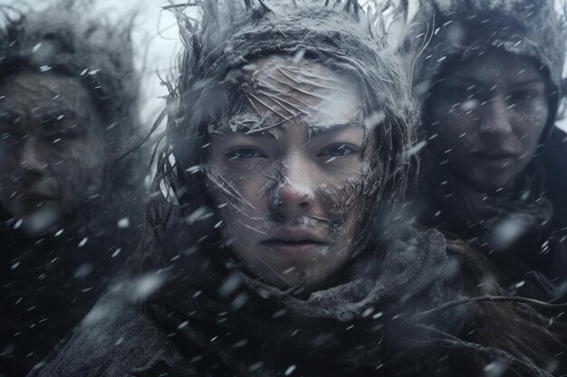 Des visages d'un groupe piégé dans une tempête de neige