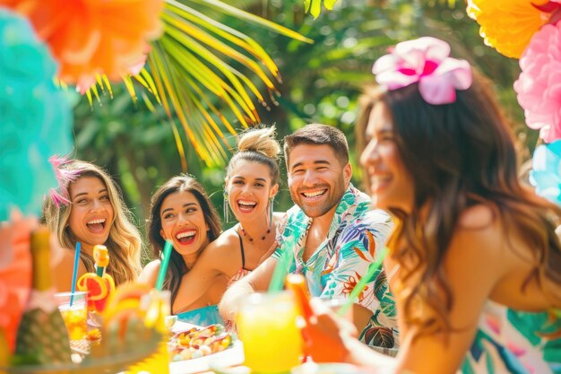 Des visages heureux profitant d'une fête d'été à thème tropical