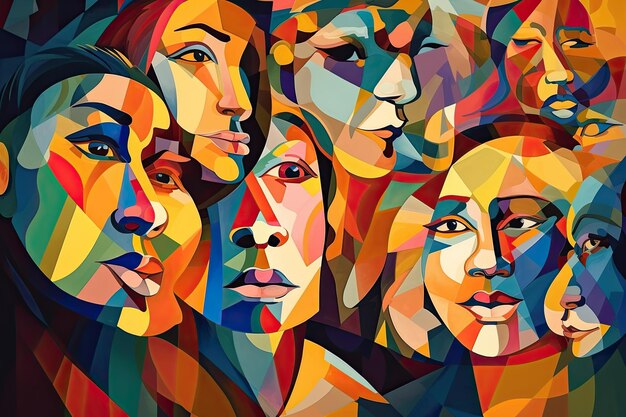Visages d'hommes et de femmes peints de manière abstraite et colorée Concept de société IA générative