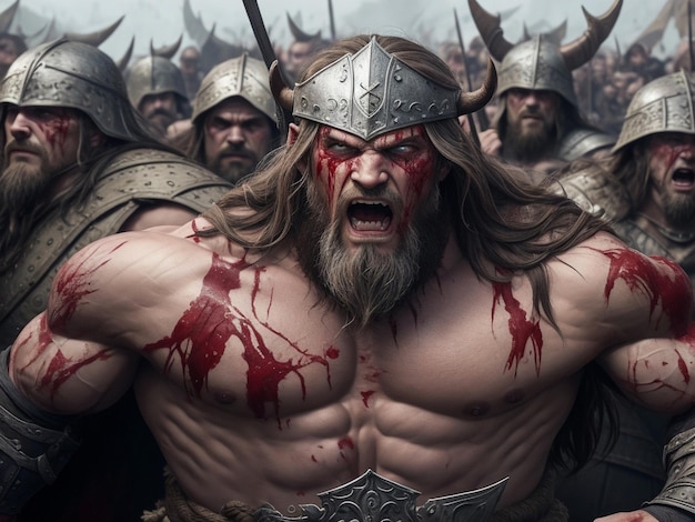 Visages musclés de l'armée viking couverts