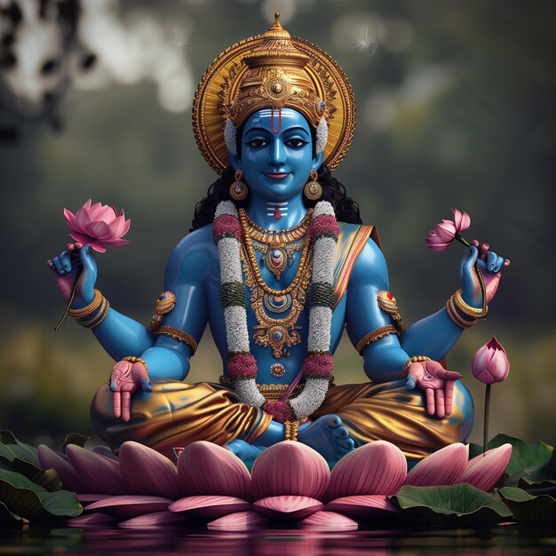 Photo vishnu est assis sur un lotus symbolisant la pureté et la grâce divine.