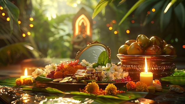 Vishukkani pour Vishu avec des pièces d'or, des miroirs, des fruits, des légumes et une lampe nilavilakku générée par l'IA