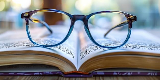 Vision aiguë sur les pages des livres à travers des lunettes Concept d'apprentissage et d'éducation