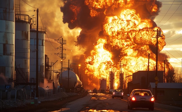 Une vision apocalyptique d'un énorme complexe industriel englouti par des flammes féroces et de la fumée s'élevant
