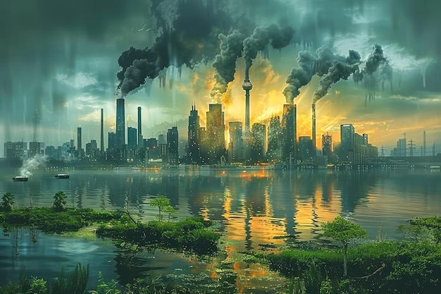 Une vision apocalyptique de la pollution environnementale et du changement climatique avec un horizon de fumée sombre