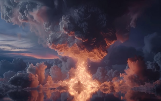 Vision apocalyptique Une représentation dramatique d'une éruption volcanique sous un ciel tumultueux avec un énorme nuage de cendres éclairé de l'intérieur par des explosions ardentes reflétées dans l'eau calme en dessous