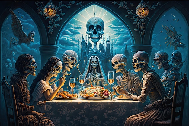 Vision de l'au-delà avec des âmes assises au banquet au jour du ciel mort