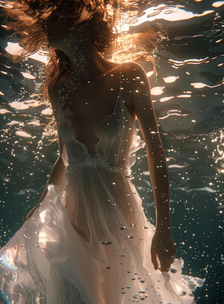 Une vision éthérée d'une femme flottant sous l'eau dans une robe blanche