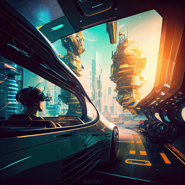 Vision de la future ville intérieure futuriste cyborg scifi avec technologie et transport créé wi
