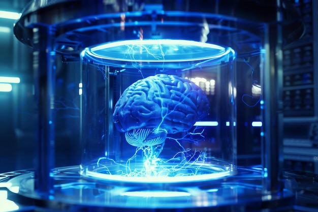 Photo une vision futuriste d'un cerveau congelé dans une chambre cryogénique de haute technologie brillant de lumière bleue.