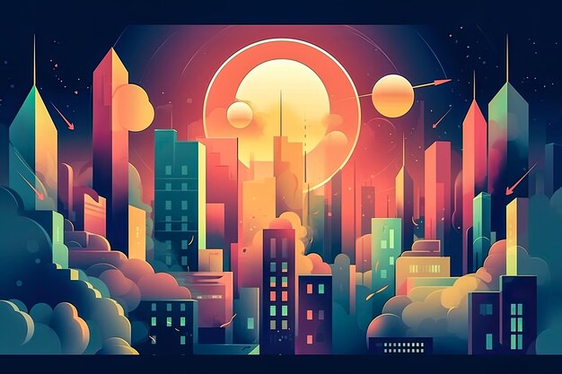 Vision futuriste d'une ville aux couleurs vibrantes Illustration plate abstraite scifi future art conceptuel