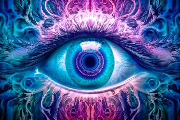 Vision intuitive de l'œil ésotérique magique spirituel bleu réalisée avec l'IA générative