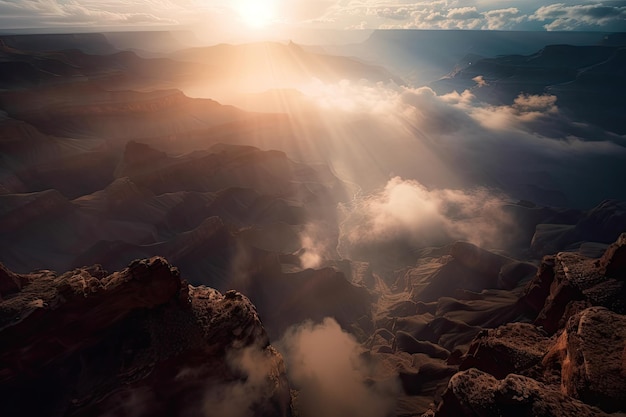 Vision onirique de survoler un canyon avec le soleil qui brille à travers les nuages