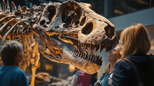 Des visiteurs du musée s'émerveillent devant un squelette fossilisé géant exposé.