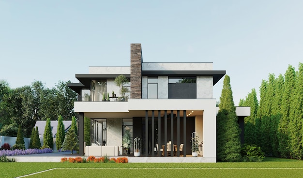 Photo visualisation 3d de la maison. maison en pleine nature avec un beau jardin