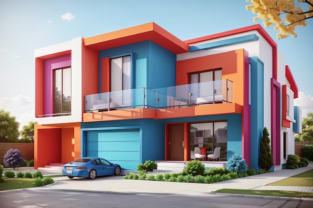 Visualisation 3D d'une maison moderne aux couleurs vives conception de façade de maison architecture moderne