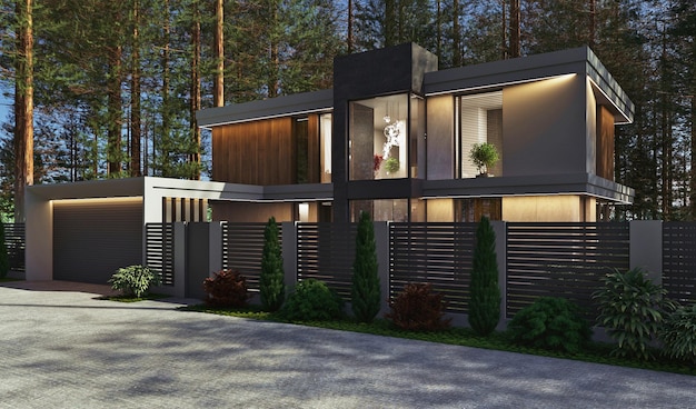 Photo visualisation 3d d'une maison moderne dans la forêt architecture moderne maison avec fenêtres panoramiques