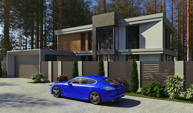 Visualisation 3D d'une maison moderne dans la forêt Architecture moderne Maison avec fenêtres panoramiques