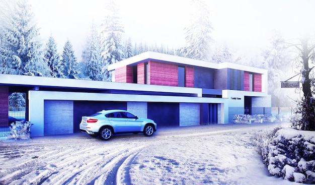 Visualisation 3D d'une maison moderne dans la forêt avec un carport. architecture de luxe