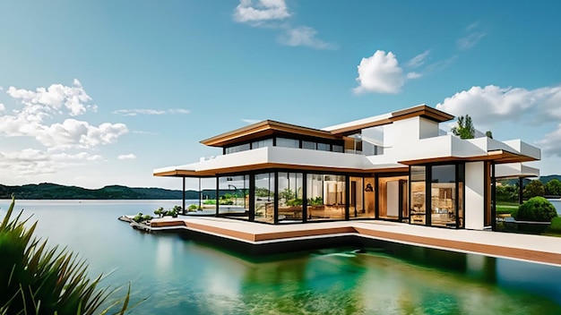 Visualisation 3D d'une superbe propriété immobilière d'architecture de maison moderne luxueuse au bord de l'eau