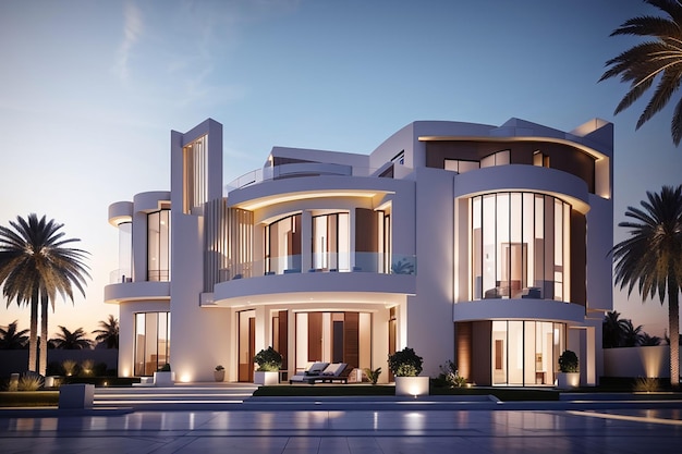 Visualisation 3D d'une villa à Dubaï, architecture moderne, éclairage du soir de la façade