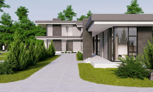 Visualisation 3D d'une villa de luxe dans un style moderne. maison de luxe