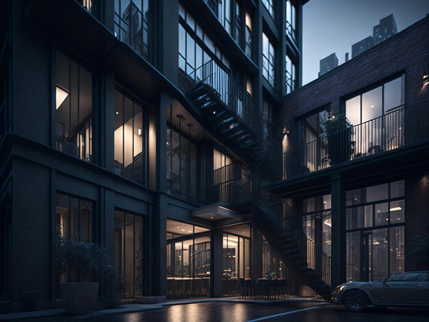 une visualisation architecturale d'un loft urbain élégant au cœur d'une ville animée la nuit