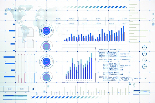 Visualisation de données numériques avec des graphiques et des graphes sur fond blanc Rendering 3D