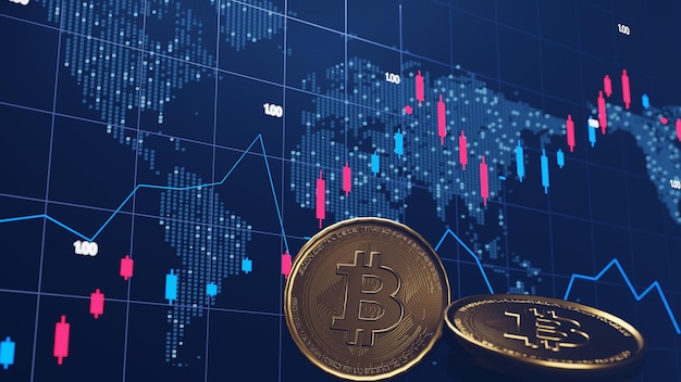 Visualisation du concept de marketing de crypto-monnaie numérique bitcoin. Analyse statistique financière sur fond sombre avec des graphiques financiers. Analyse des stocks. illustration 3D