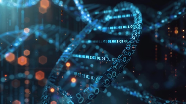 Visualisation futuriste du stockage de données d'ADN avec mélange de code binaire en double hélice