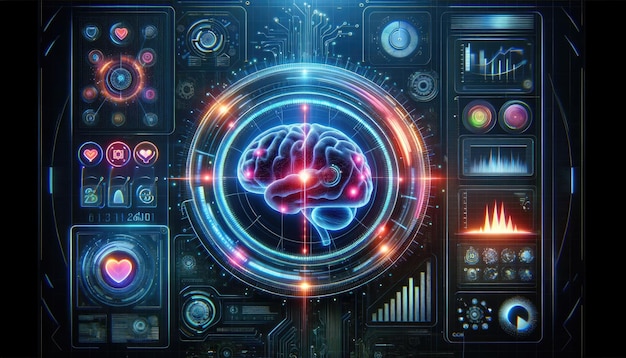 Une visualisation futuriste très détaillée de l'analyse de l'activité cérébrale avec des réseaux neuronaux lumineux et des diagrammes d'analyse de données avancés