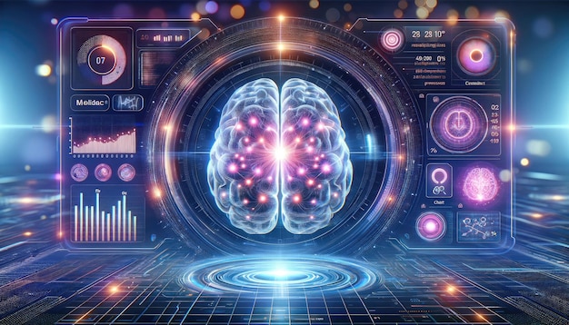 Une visualisation futuriste très détaillée de l'analyse de l'activité cérébrale avec des réseaux neuronaux lumineux et des diagrammes d'analyse de données avancés