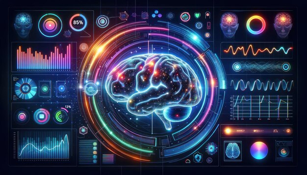 Une visualisation futuriste très détaillée de l'analyse de l'activité cérébrale avec des réseaux neuronaux lumineux et des diagrammes d'analyse de données avancés