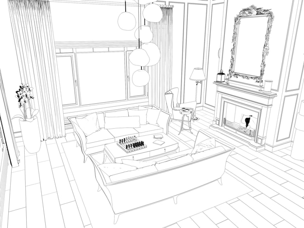 Visualisation d'un intérieur résidentiel moderne dans un croquis d'illustration 3D de style classique