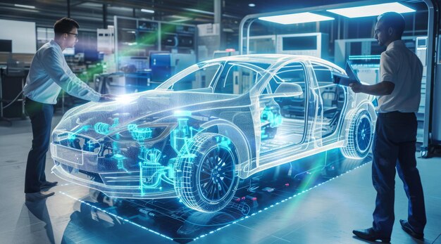 Visualisation par une équipe d'ingénieurs de la modélisation 3D d'un futur prototype de véhicule dans une usine de production automobile