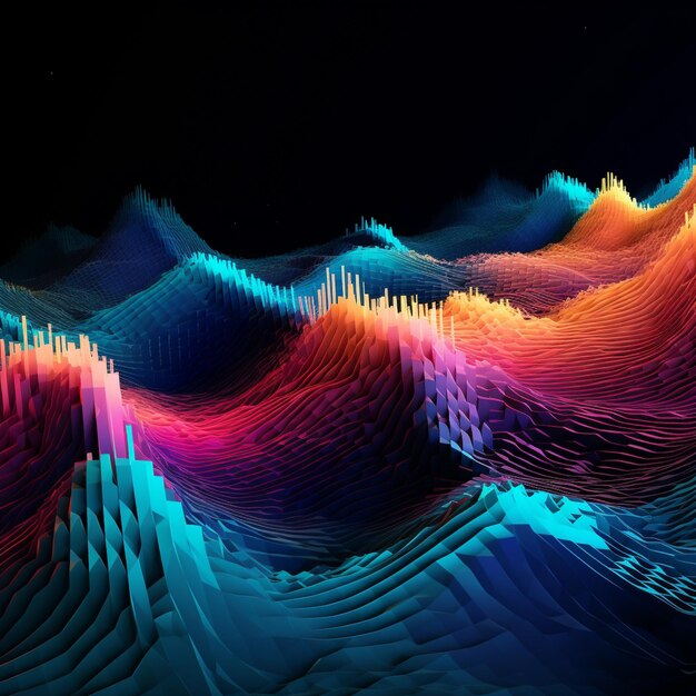 Visualisez le concept de vagues de données circulant à travers un terrain numérique abstrait Explorez la convergence de la technologie et de l'information dans une image captivante