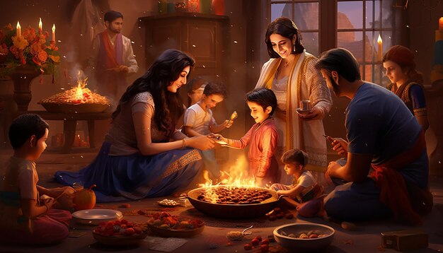 Visualisez une famille se préparant pour Lohri décorant leur maison avec des lumières et des décorations