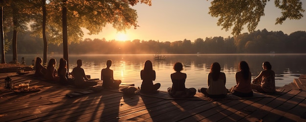 Visualisez un papier peint de retraite de yoga au bord du lac.