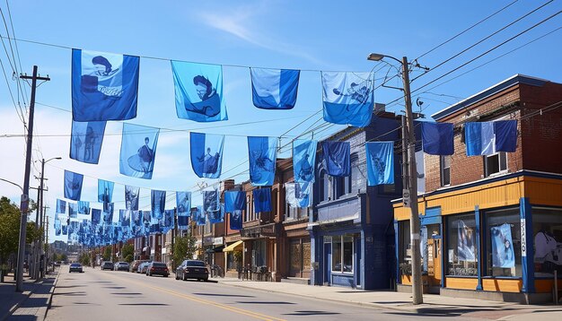 Visualisez une rue de la ville le lundi bleu bordée de bannières et de drapeaux bleus.