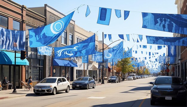 Visualisez une rue de la ville le lundi bleu bordée de bannières et de drapeaux bleus.