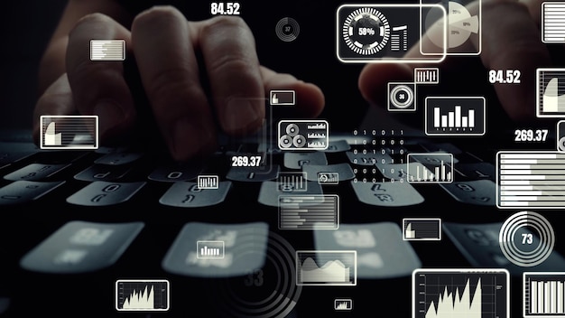 Visuel créatif des données volumineuses d'entreprise et de l'analyse financière sur ordinateur montrant le concept de méthodologie de prise de décision d'investissement statistique fintech et ingénierie financière