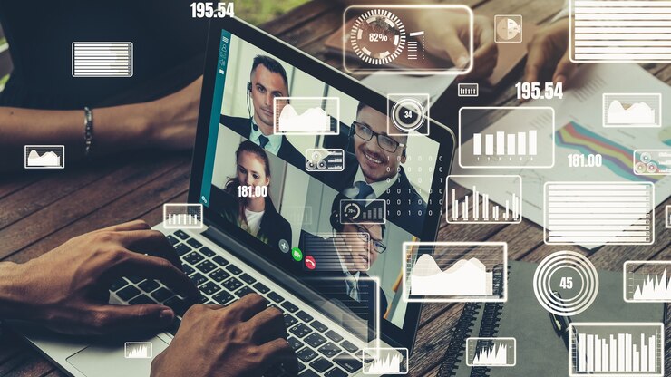 Photo visuel créatif de gens d'affaires lors d'une réunion du personnel de l'entreprise sur appel vidéo