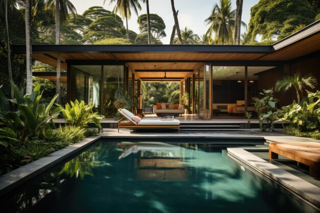 Photo un visuel époustouflant présentant l'extérieur d'une villa cubique parfaitement intégré dans un paysage tropical