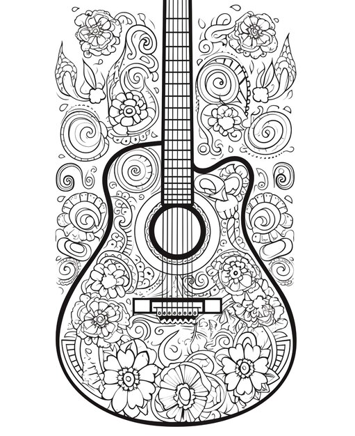 Livre De Coloriage De Guitare Acoustique Pour Le Vecteur D'adultes