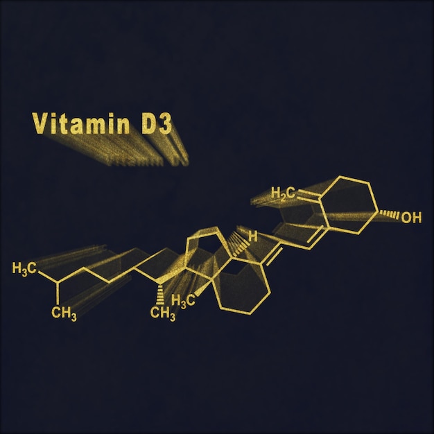 Vitamine D3, formule chimique structurale or sur fond sombre