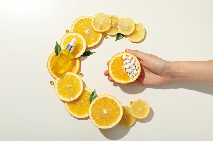 Photo vitamine c dans un sérum liquide aux agrumes