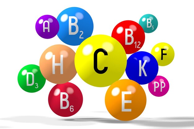Vitamines colorées sur fond blanc illustration 3D