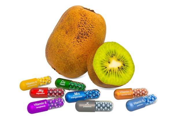 Vitamines et minéraux du kiwi rendu en 3D