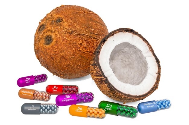 Vitamines et minéraux de la noix de coco rendu en 3D