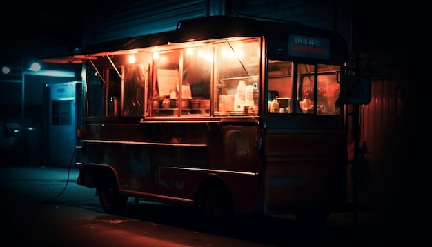 Photo vitesses de bus à impériale illuminées dans les rues de la ville générées par l'ia